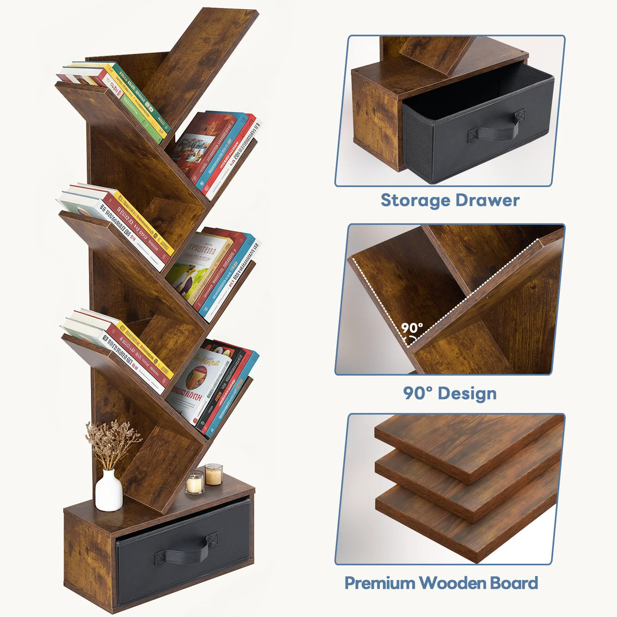 JHK Geometric Wooden Bookshelf With Seven Tier Storage Drawer