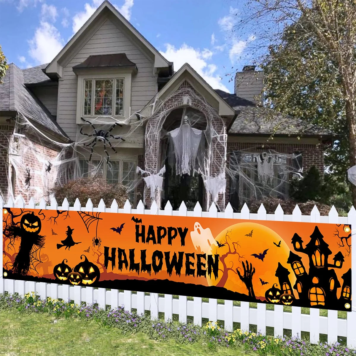 Happy Halloween Outdoor Pumpkin Bat Banner Party Backdrop Decor