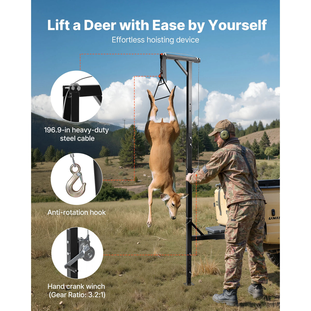 SucceBuy Truck Hitch Game Hoist Adjustable Height Hunting Deer Winch