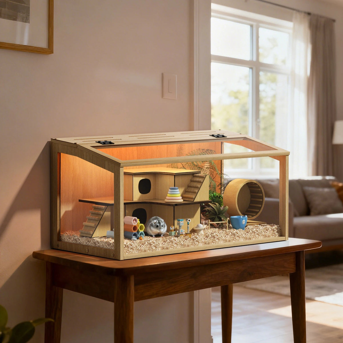 Bingopaw Wooden Hamster Cage With Tempered Glass And LED Light