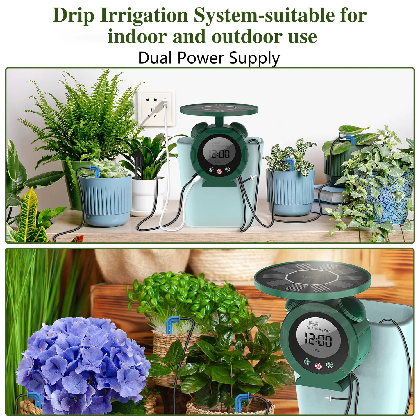 Solar Drip Irrigation Watering Sytem, with Dual Supply Option Solar-Powered&USB Charging, Multiple Watering Programs, DIY Watering Kit with Alarm Clock&15 Dripper for Potted Plants/Garden/Lawn ﻿