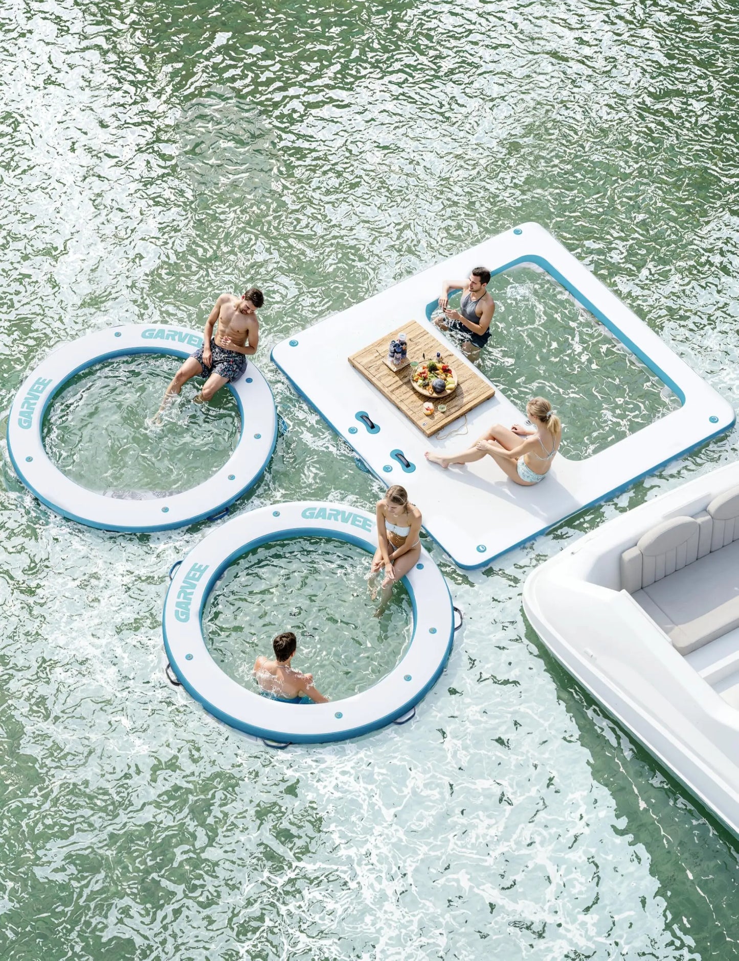10x10FT Inflatable Water Floating Dock Platform Square Inflatable Dock Floating Platform with Mesh, Non-Slip EVA Platform and Rope Ladder