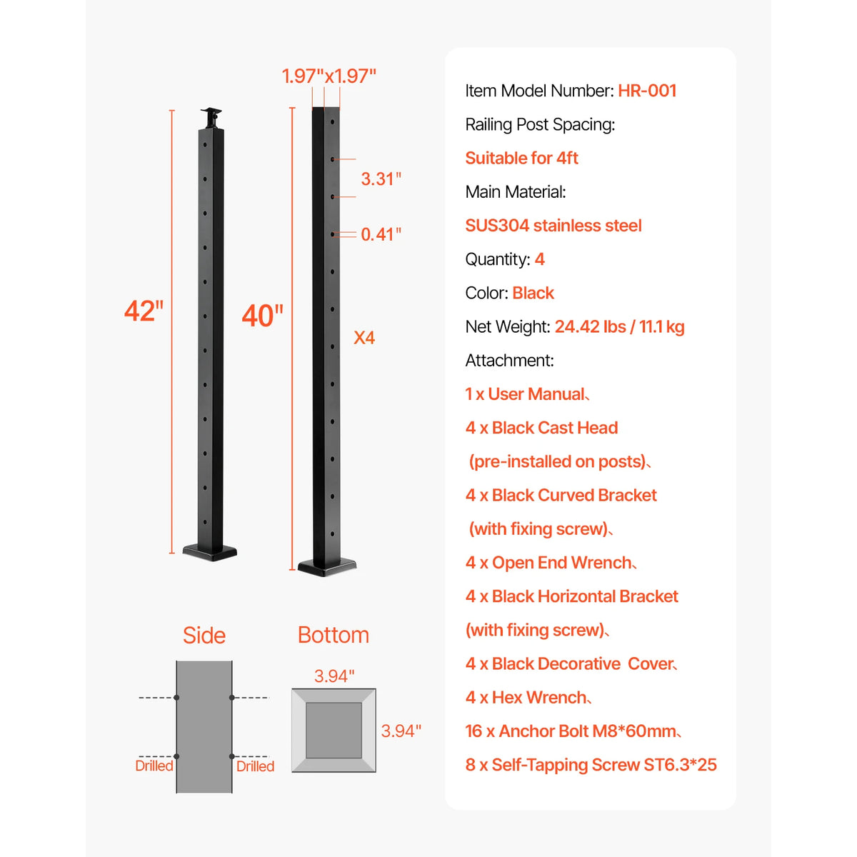 SucceBuy 4Pcs Cable Railing Post 42x1x2In Horizontal-Hole Post w/ Pre-Drilled Hole Stainless Steel w/ Horizontal Curved Bracket