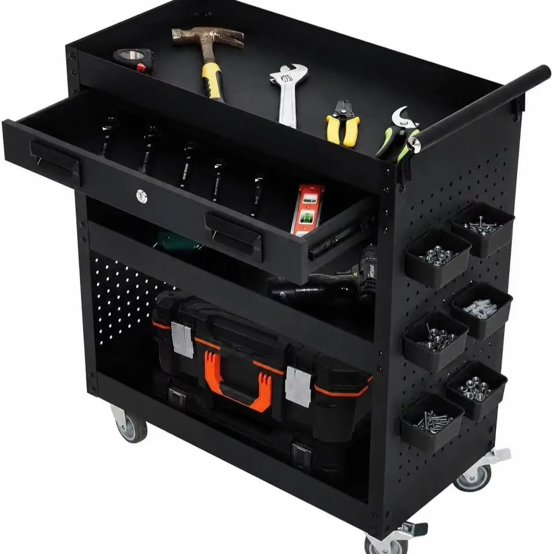 Three Tier Steel Rolling Tool Cart With Locking Casters