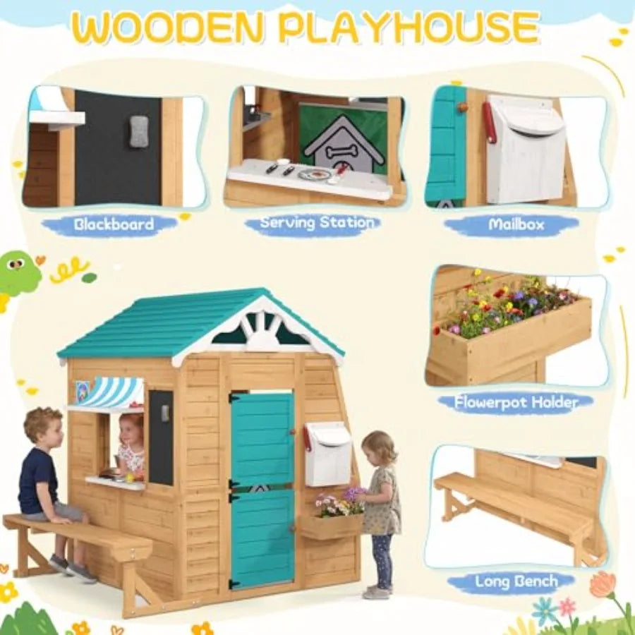 MDNG Outdoor Wooden Kids Playhouse Cottage With Bench And Kitchen