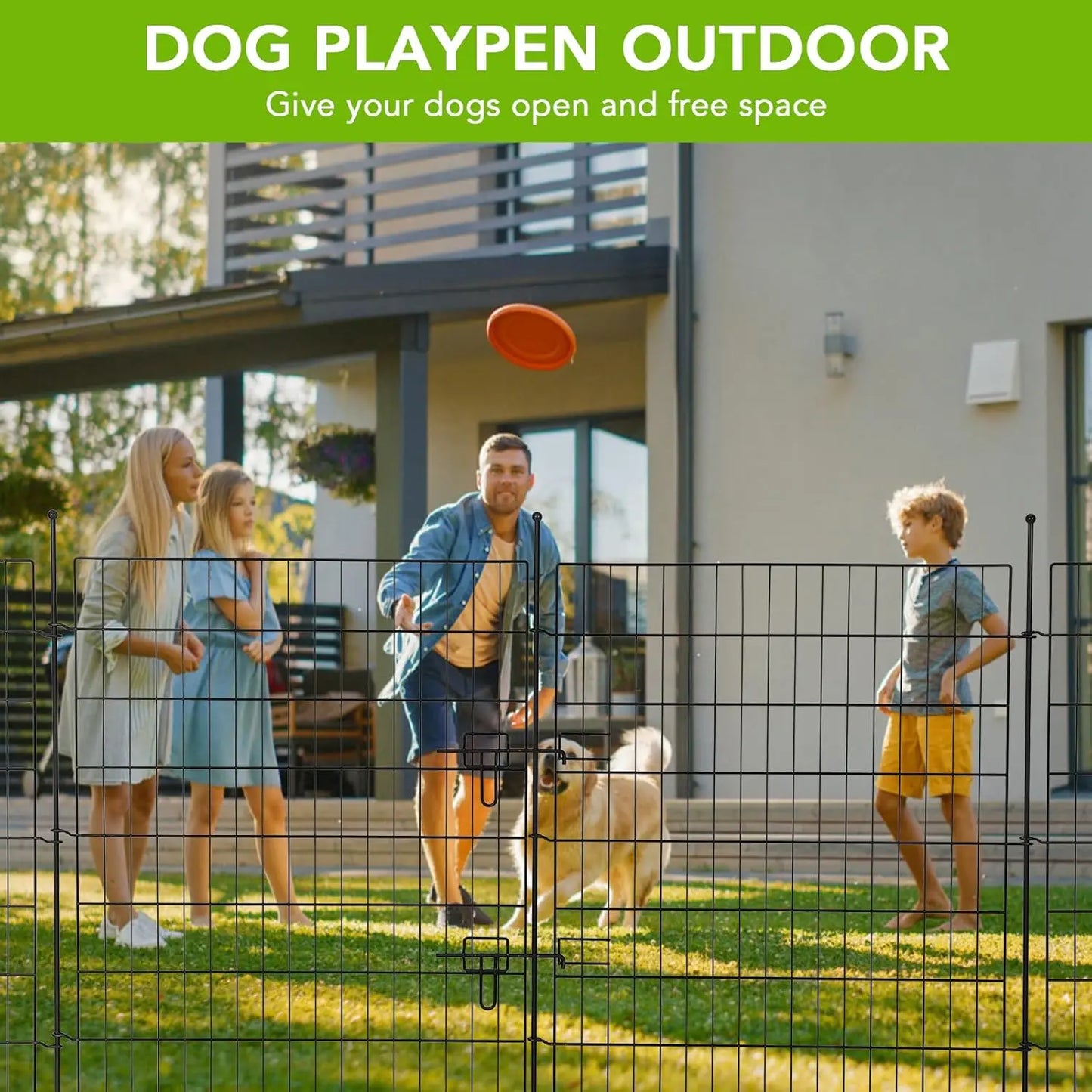 Rustproof Metal Garden Fence Panels, 15 Pack No-Dig Animal Barrier for Dogs Rabbits, Decorative Flat Top Fencing with 16 Ground Stakes & Door, 29" W x 32" H for Yard Patio Flower Bed
