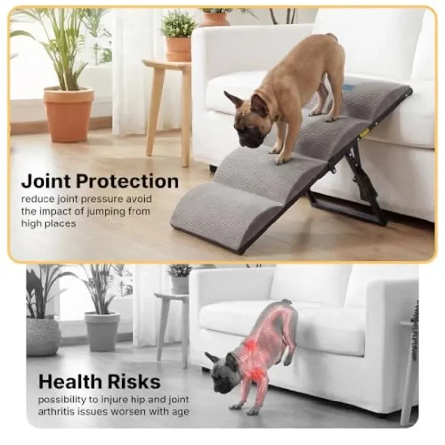 Dog ramp for bed and couch use, aluminum alloy frame, black color, foldable with 5 adjustable heights 12 to 20,non-slip surface
