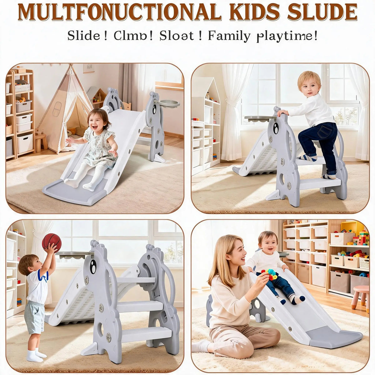 Indoor Toddler Slide With Basketball Hoop Deer Design Folding Playset