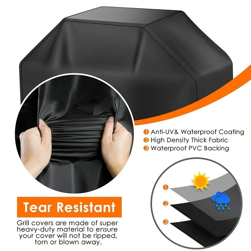 1-Pack Heavy-Duty BBQ Cover—Sun and Dust Protection, All-Weather Protection, Velcro Straps, and a Drawstring at the Bottom for Double Securing—Wind-Resistant and Stay-in-Place—Ideal Outdoor BBQ Accessory for Camping, Ba