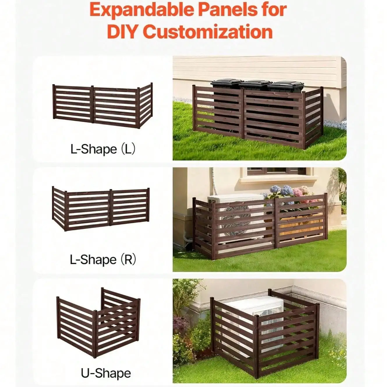 Wooden Privacy Fence, 48 X 37 Inch Air Conditioner Fence, 3 Panel Solid Outdoor Wood Privacy Screen With Metal Stakes, Steel Fra