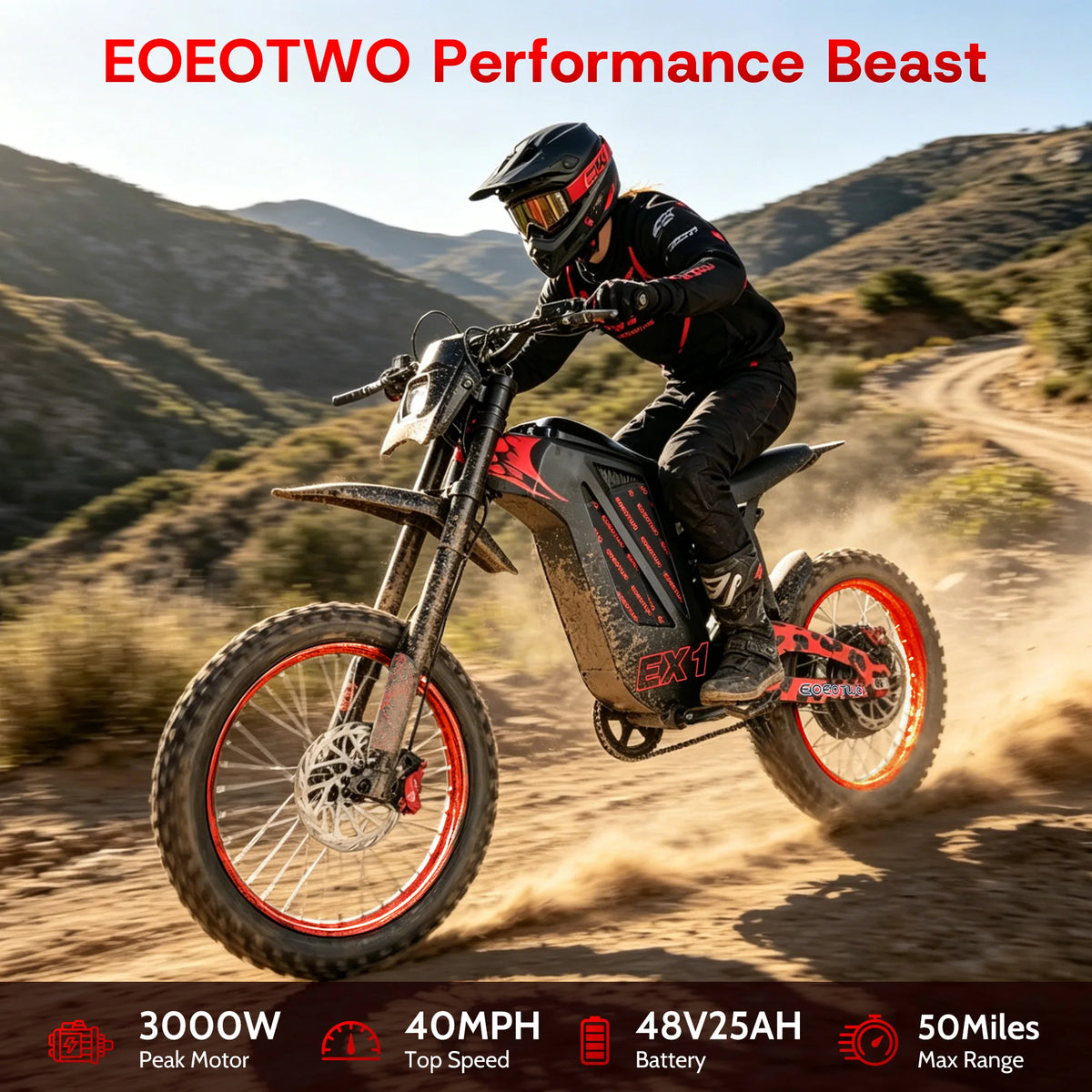 Electric Dirt Bike, 3000W 40MPH Electric-Motorcycle with 48V25AH Battery Ebike, Hydraulic Brakes & Full Suspensions Mountain Off-Road E Dirt Bike,for Teens & Adults