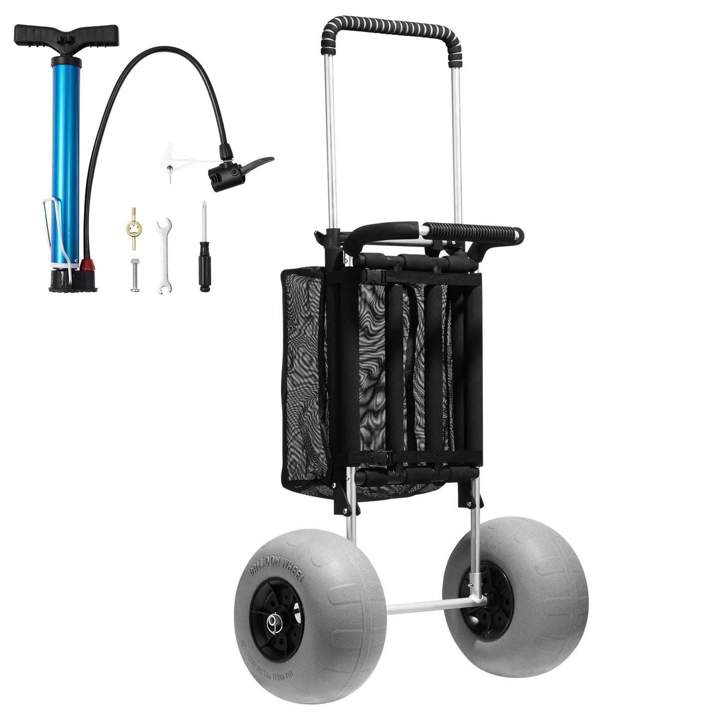 SucceBuy Folding Beach Cart With Balloon Wheels And Cargo Deck