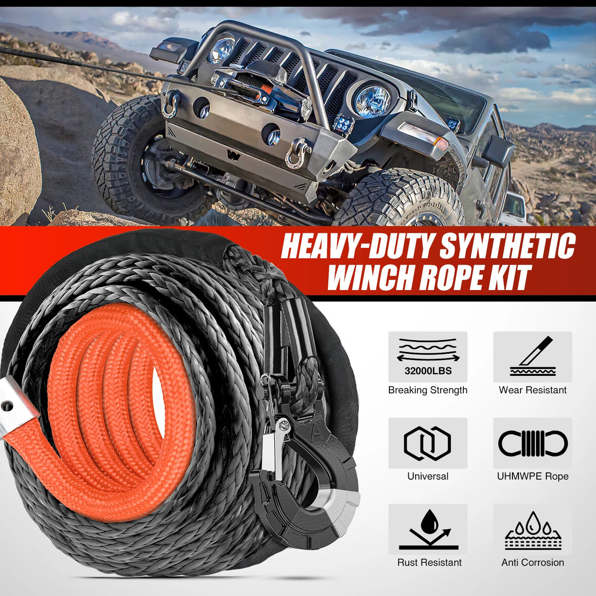 Nilight 1/2" x 92' Synthetic Winch Rope 32,000 lbs Winch Line Cable Ropes Kit with Protective Sleeve 35000lb Heavy Duty Winch Hook for SUV 4WD Off Road Vehicle Truck ATV UTV, Black & Orange
