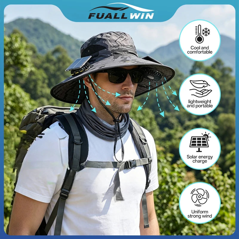 Solar Powered Cooling Fan Hat With UV Protection For Camping