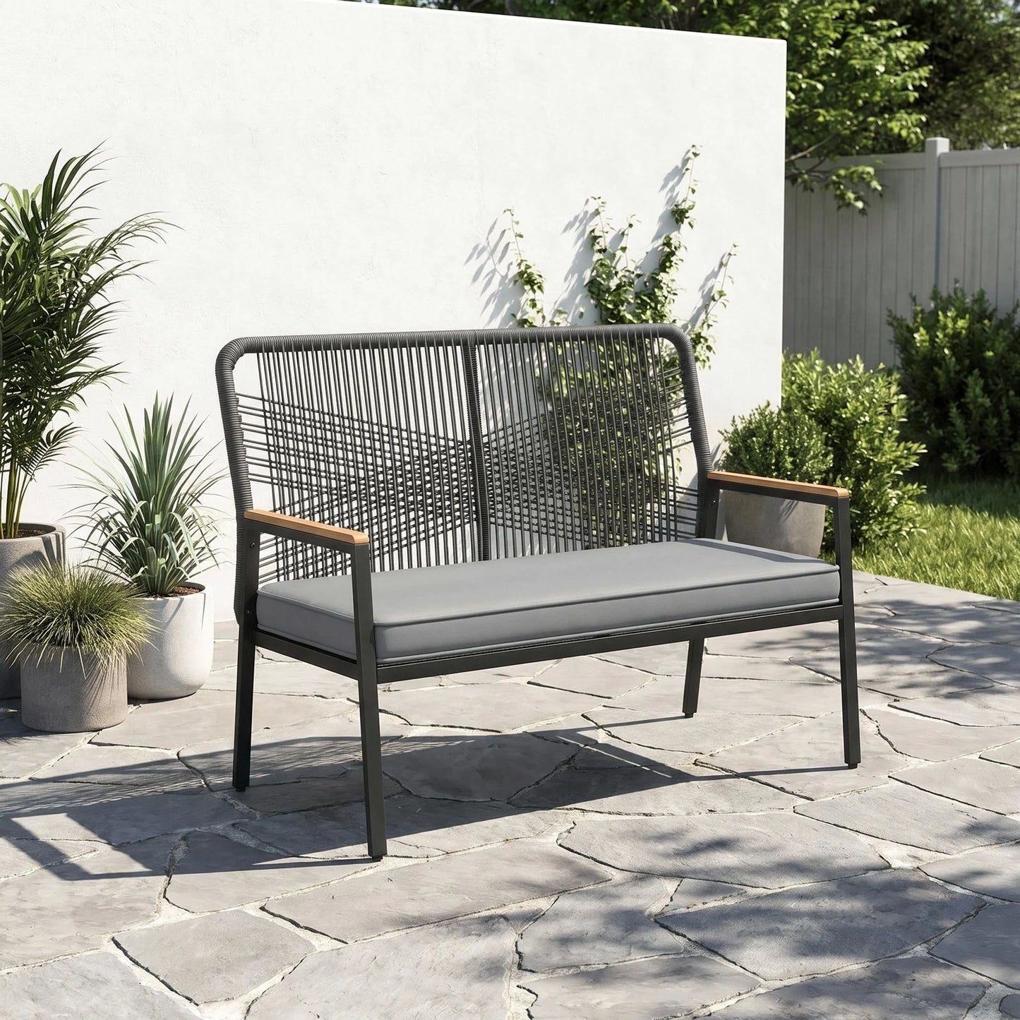 Rattan Patio Loveseat for 2 with Cushion,Patio Loveseat with Curved Back and WPC Armrest,Two-Person Seating for Porch,Balcony,Terrace