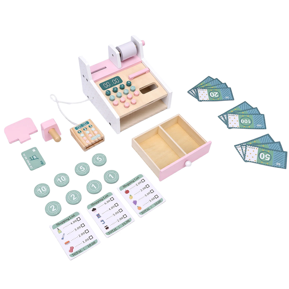 Wooden Cash Register Scanner Math Learning Role Play Toy