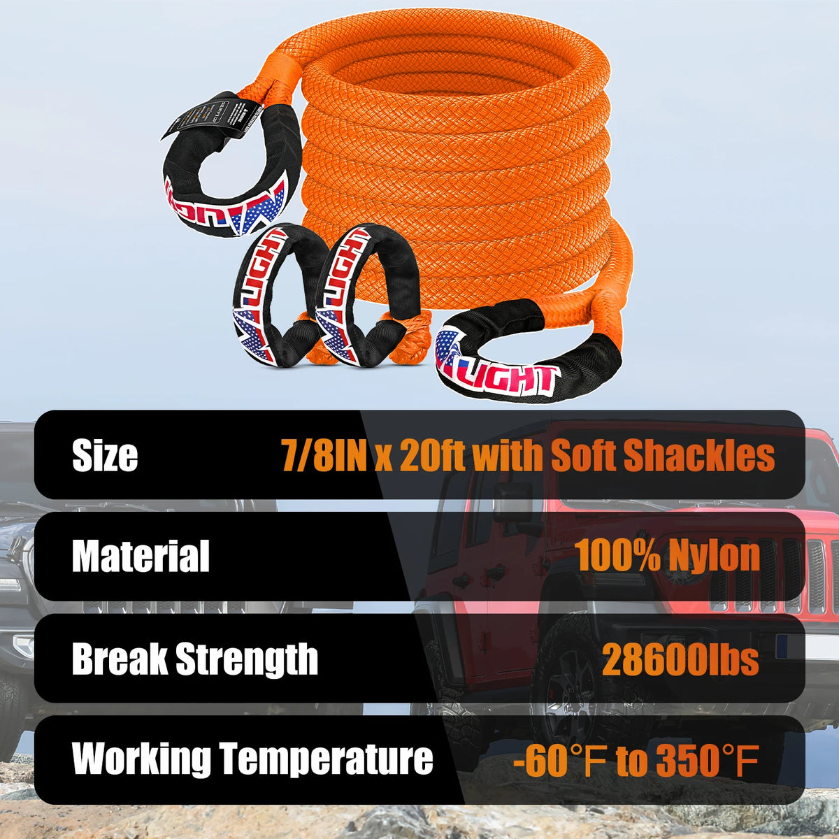 Nilight Kinetic Recovery Tow Rope 7/8" x 20ft (28,600LBS) with 2 Soft Shackle 1/2" x 24" Snatch Strap Heavy Duty Offroad Towing Strap kit for UTV ATV SUV Truck Car Jeep Tractor