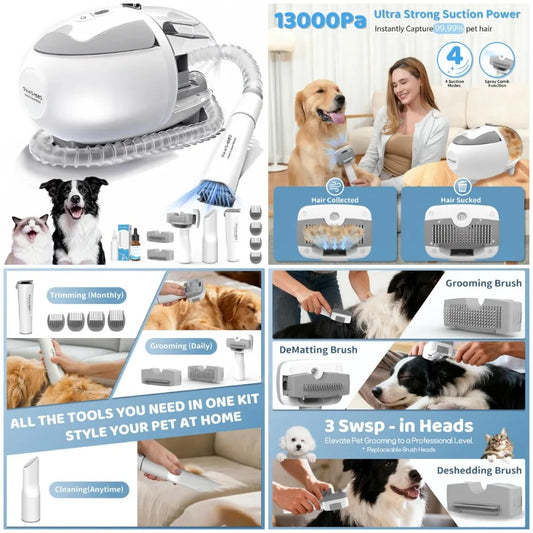 Dog Grooming Vacuum with 2L Dust Cup & 13000Pa Suction, 5-in-1 Low Noise Pet Grooming Kit with
