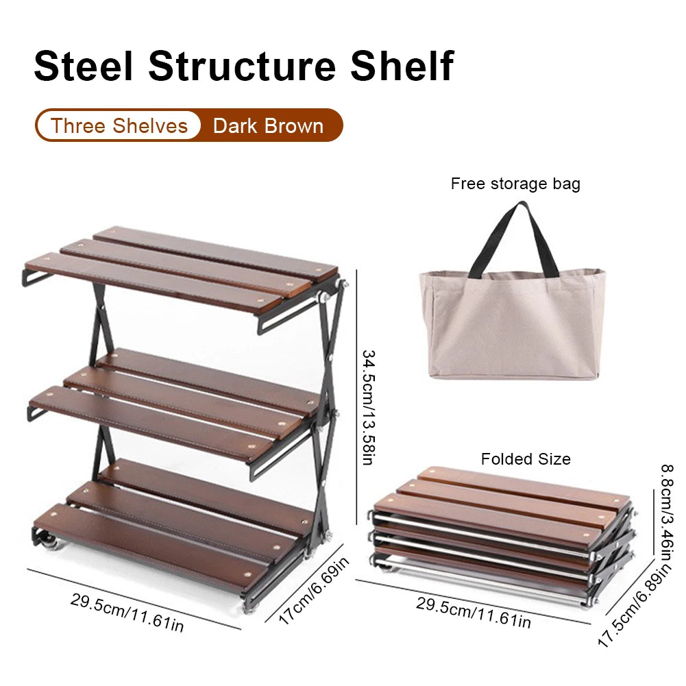 3-Tier Foldable Wooden Camping Shelf with Metal Frame Portable Countertop Storage Rack Outdoor Camping Rack Camping Accessories