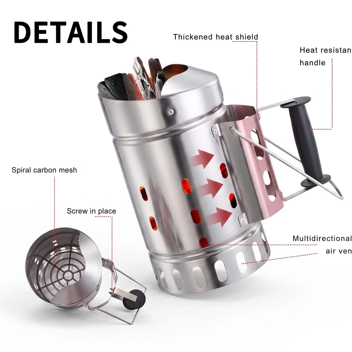 Stainless Steel Charcoal Chimney For Grill Quick Light Charcoal Chimney Starter With Heat Resistant Handle Safe BBQ Grill Charcoal Lighter Silver 32 X 19 X 32.5 CM