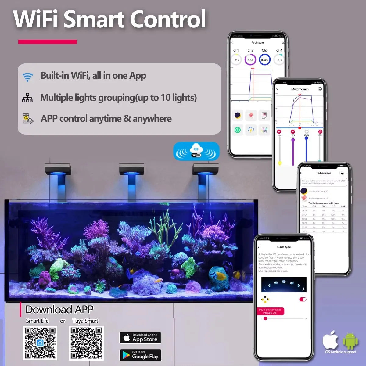 PopBloom 100W WiFi Reef Aquarium LED Light Clip On Marine