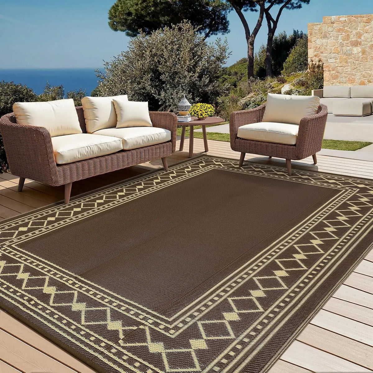 9x18 Waterproof Reversible Outdoor Rug – Diamond Border Plastic Straw Patio Mat, for RV, Deck, Porch, Picnic, Balcony & Beach, Coffee