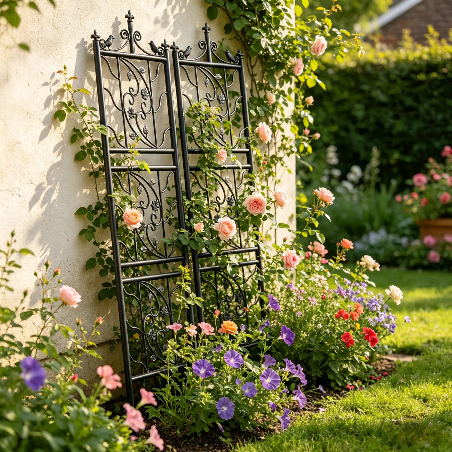 2x Tall Thick Metal Garden Trellis Bird Leaf Grid Panel Support Climbing Trellis