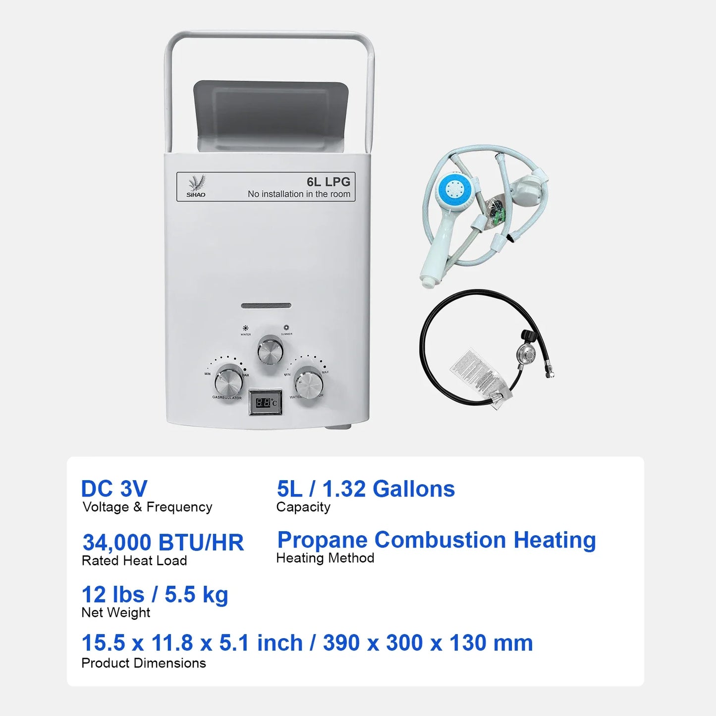 SIHAO 6L Instant Gas Water Heater with Digital Display — Portable Tankless LPG Heater for Outdoor Camping, Car Travel, RV, and Home Bathroom Hot Water Supply