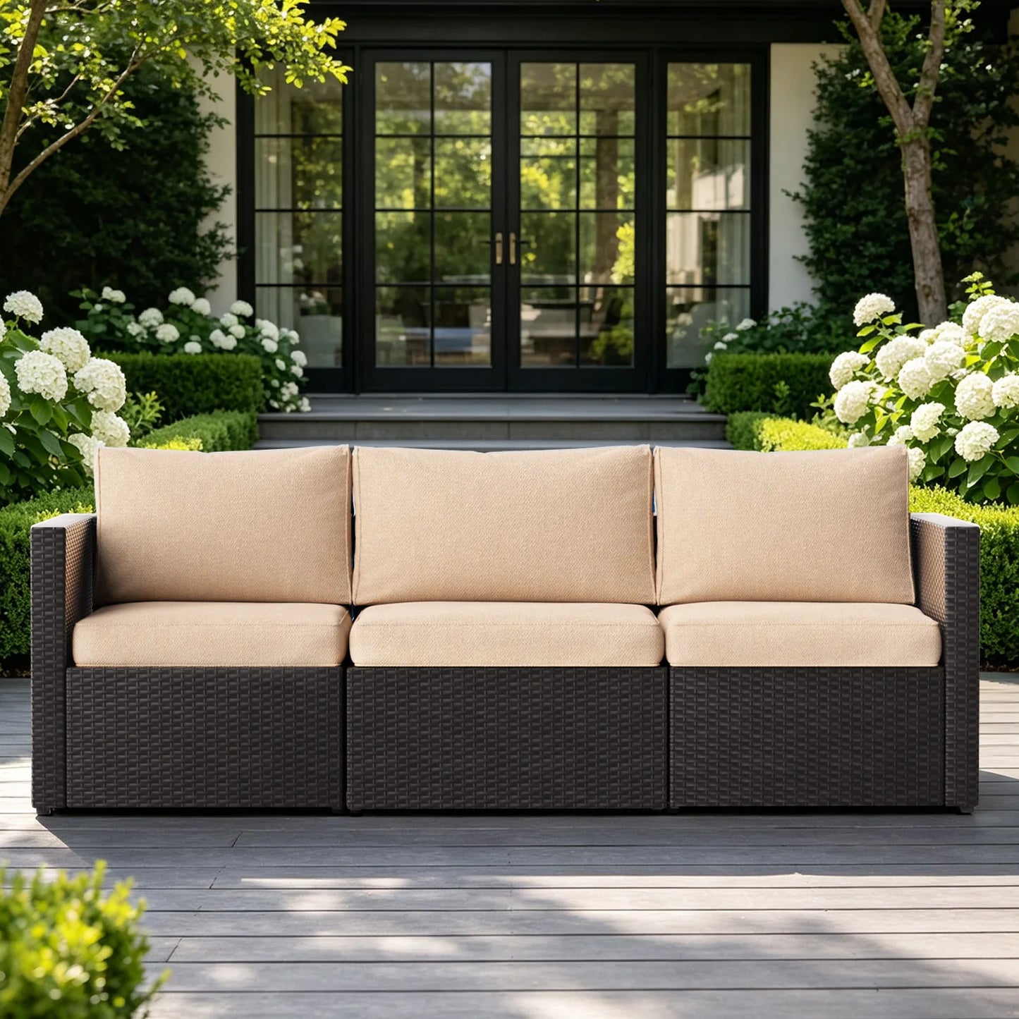Outdoor Patio Furniture Set, 3-Seat PE Rattan Patio Furniture Sofa with Adjustable Feet & Thick Blue Cushions, All Weather Anti-slip Outdoor Furniture Couch, Durable Outdoor Patio Furniture Set for Poolside, Garden & Backyard