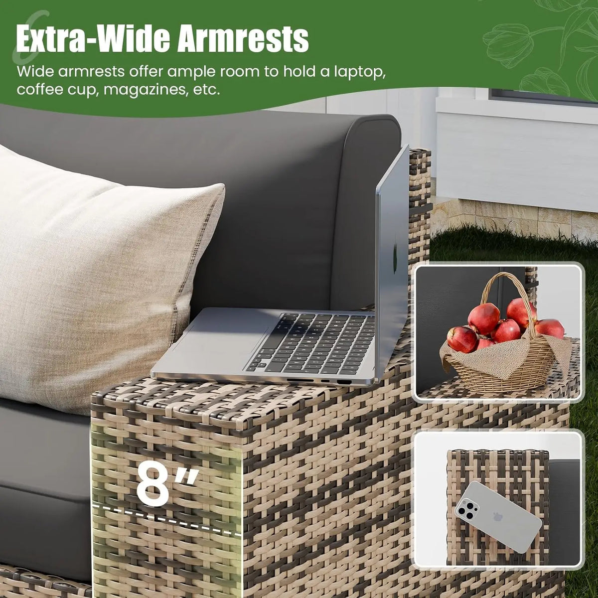 Outdoor Sectional Set Including Fire Pit Table, 8-Inch Armrest Sofas, 5-Piece All-Weather Wicker Conversation Seating for Garden and Backyard