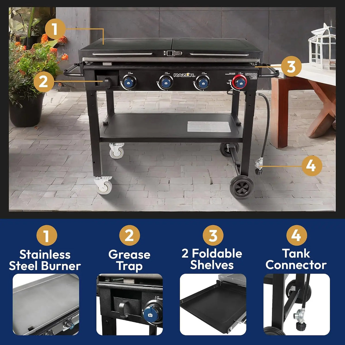 Portable Outdoor Propane Flat Top Griddle With Foldable Prep Shelves
