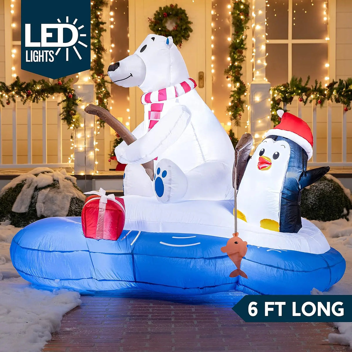 Joyfy Christmas Inflatable Polar Bear Fishing With Penguin LED Decor