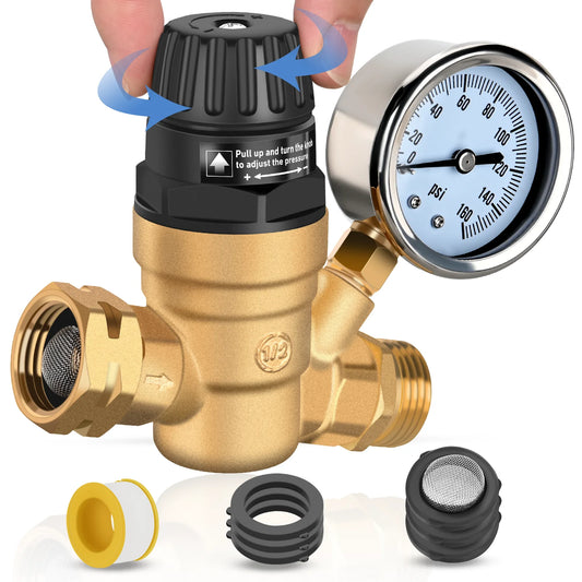 Nilight Adjustable Brass Water Pressure Regulator With Gauge For Camper