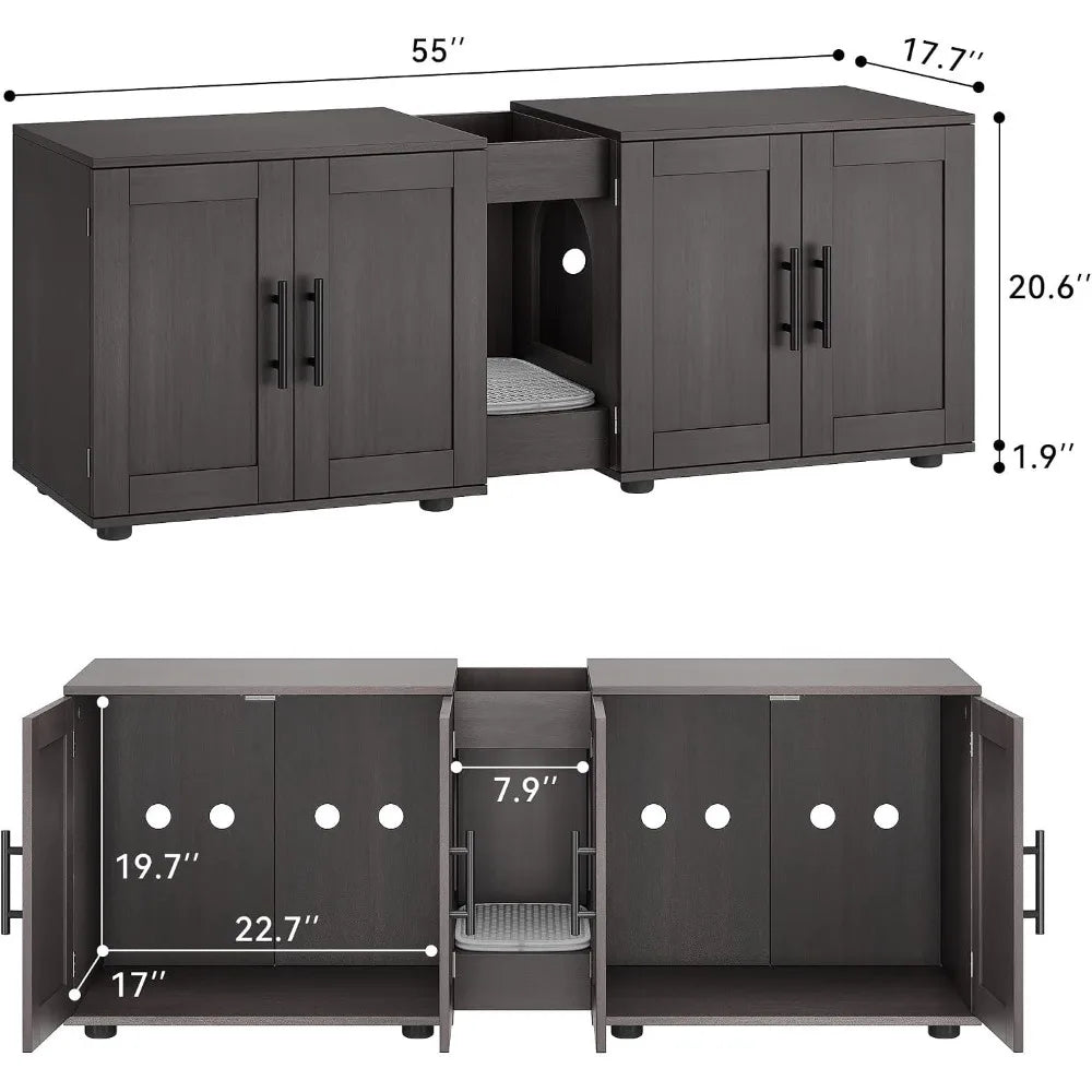 Garvee Hidden Litter Box Enclosure Wooden Double Room Cat Furniture