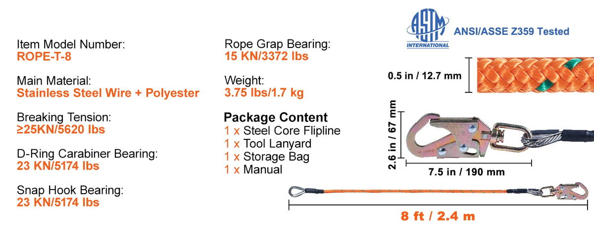 Steel Wire Flip Line Kit Snap Hooks Rope Grab Tree Climbing Accessories