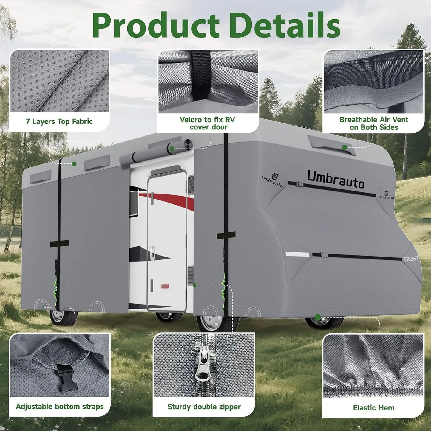 Umbrauto Class C RV Cover Fits 20-23’, Class C Motorhome Camper Cover, Heavy Duty 7 Layers Top Windproof Breathable RV Cover with 2 Pcs Extra Straps, Adhesive Repair Patches, 6 Gutter Covers