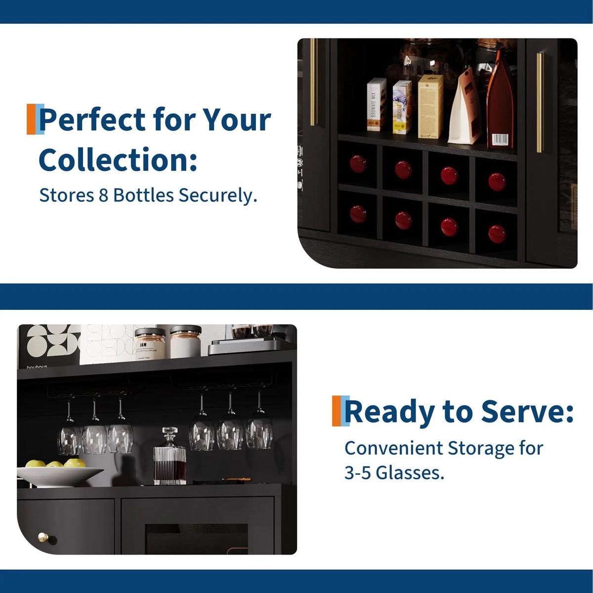 HiMiss LED Wine Bar Cabinet Glass Doors Charging Station