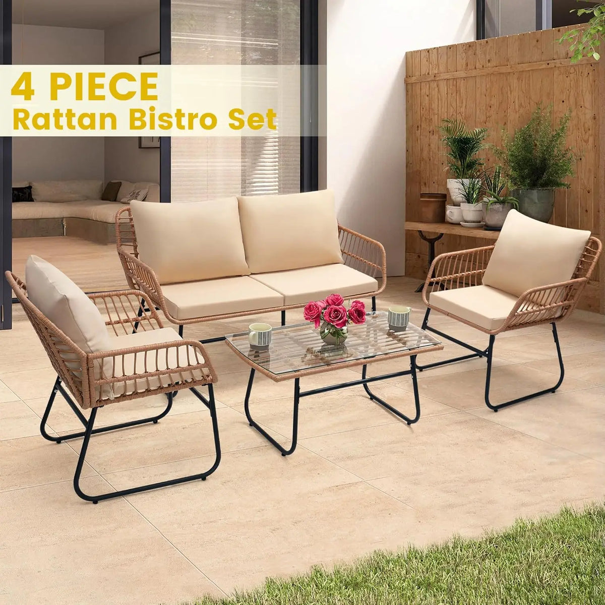 Modern Four Piece Rattan Patio Bistro Outdoor Furniture Set