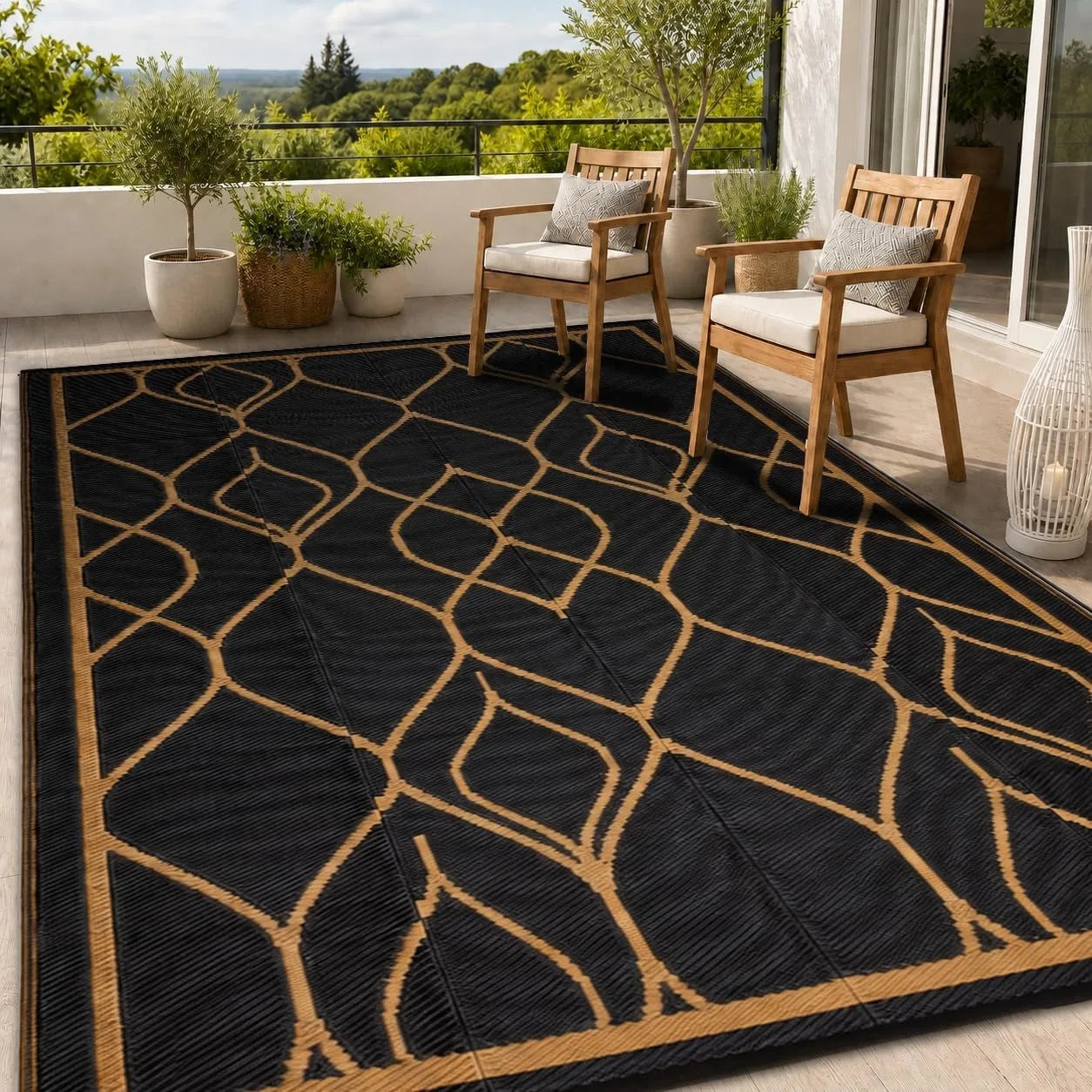 Waterproof Reversible Plastic Straw Patio Rug With Quick Dry Design