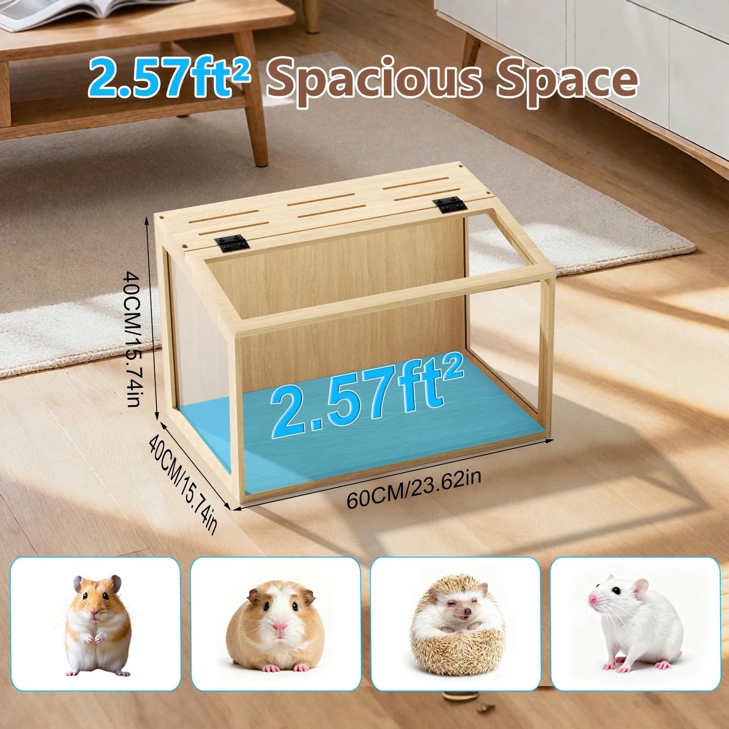 Bingopaw Wooden Hamster Cage With Tempered Glass And LED Light