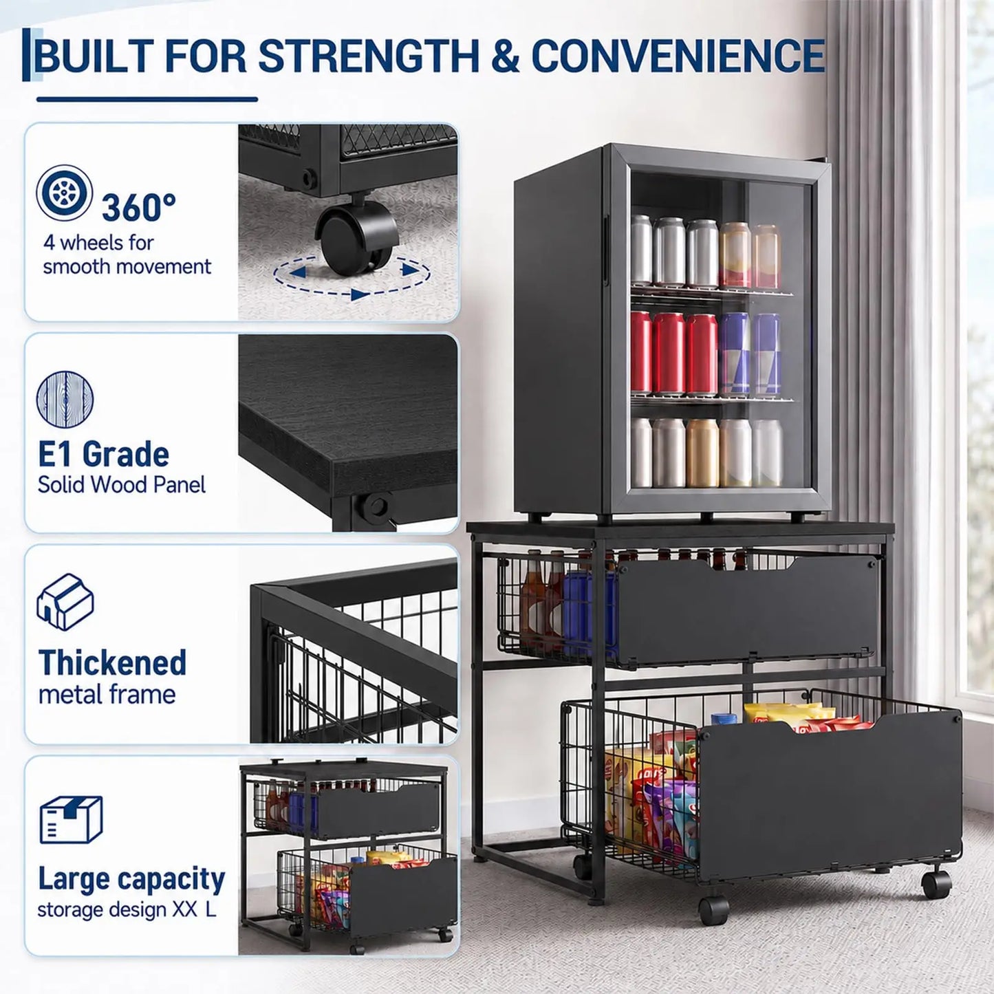 HiMISS Steel Mini Fridge Stand With Wheels And Storage Baskets