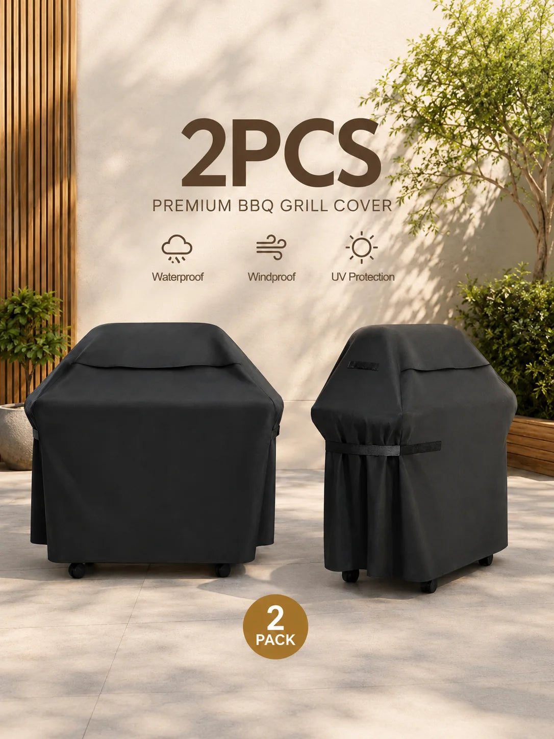 2-Piece Full-Coverage BBQ Cover—Outdoor Weather Protection; Black Oxford Fabric—Waterproof, UV-Resistant, and Tear-Resistant; Drawstring Closure for Easy Cleaning; Wind-Resistant and Durable; Suitable for Large Outdoor BB