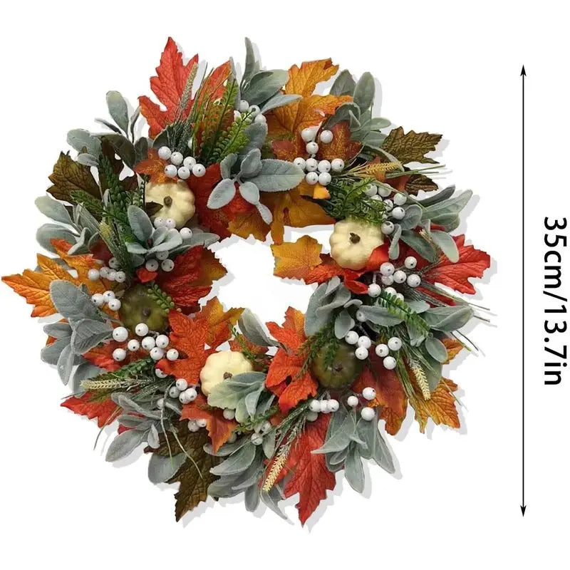 Autumn Thanksgiving Pumpkin Maple Leaf Wreath for Front Door Decor