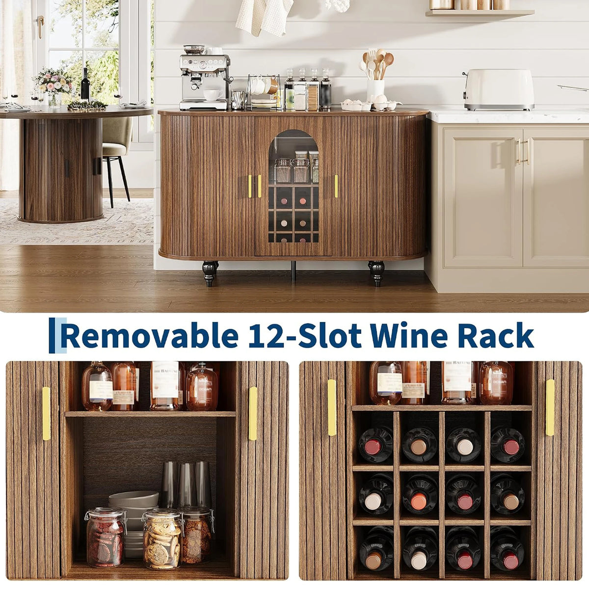 HiMISS Modern Bar Cabinet With Glass Doors And Wine Storage
