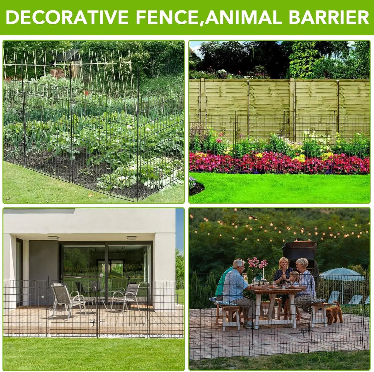 Rustproof Metal Garden Fence Panels, 15 Pack No-Dig Animal Barrier for Dogs Rabbits, Decorative Flat Top Fencing with 16 Ground Stakes & Door, 29" W x 32" H for Yard Patio Flower Bed