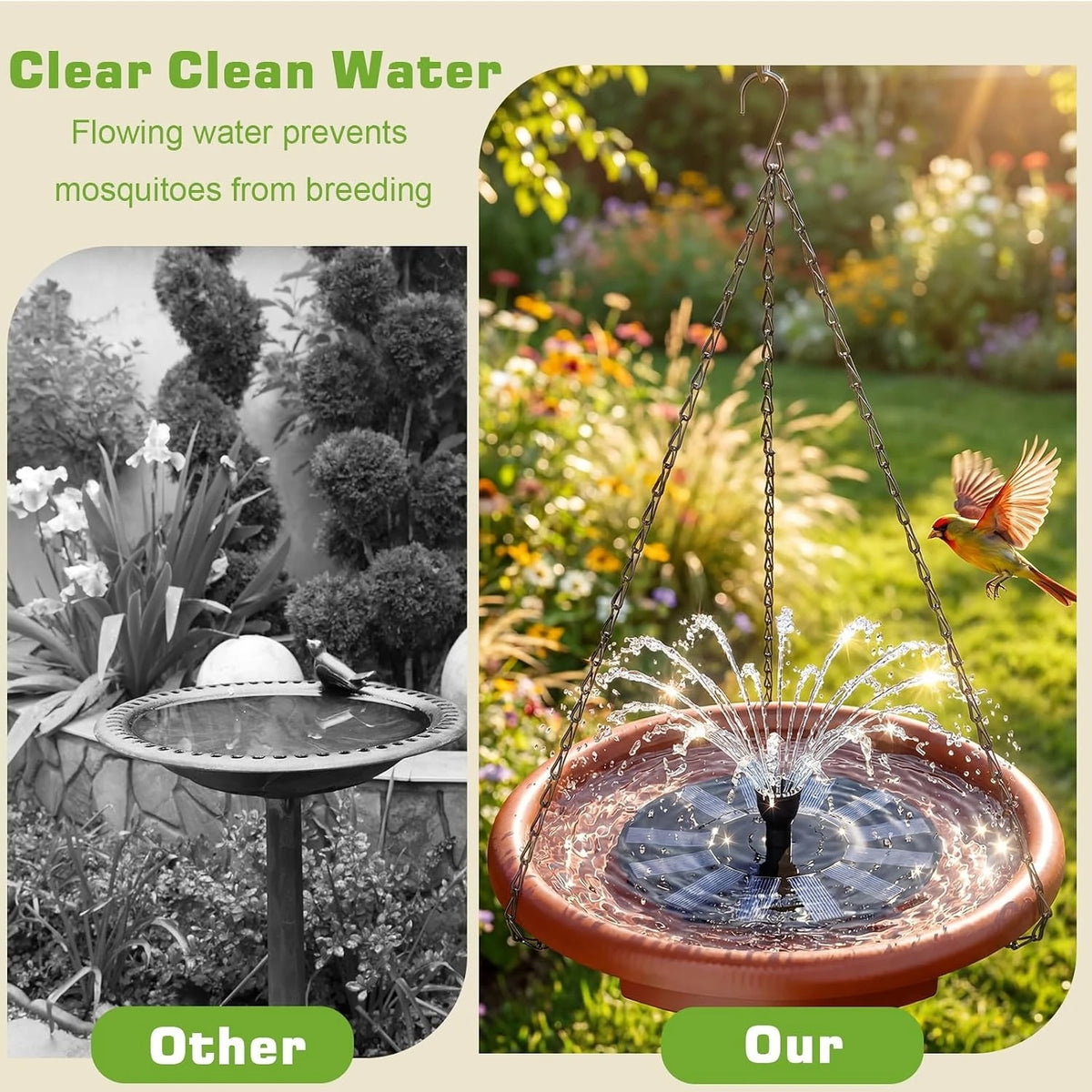 Solar Hanging Bird Bath With Fountain And Tiered Stand Design
