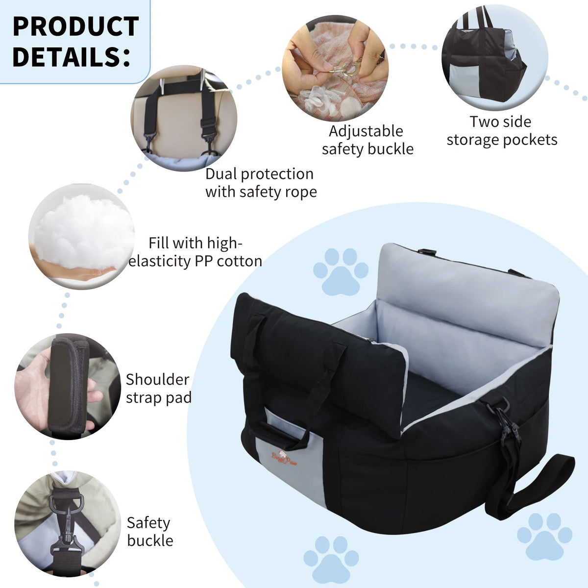 Borwart Portable Dog Car Seat with Safety Belt and Pocket