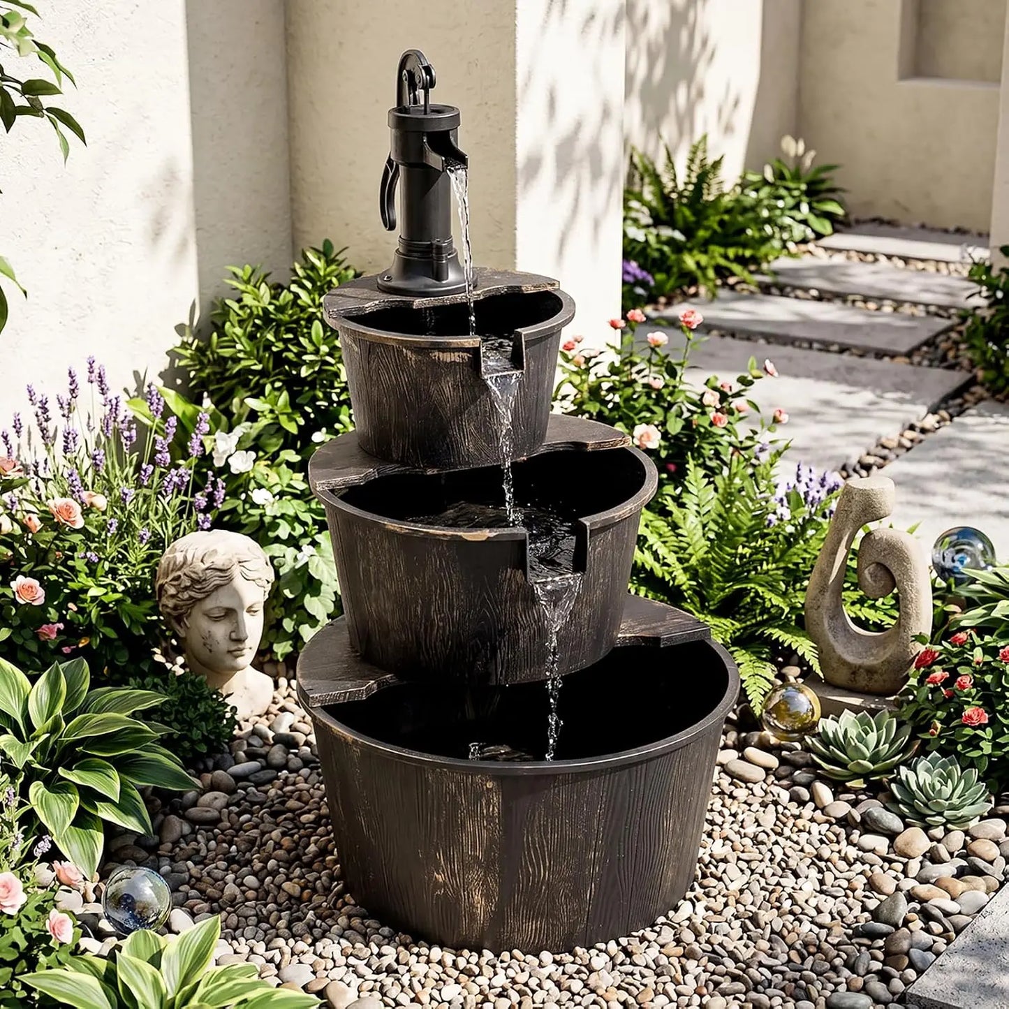 Two Tier Wooden Barrel Waterfall Fountain With Electric Pump