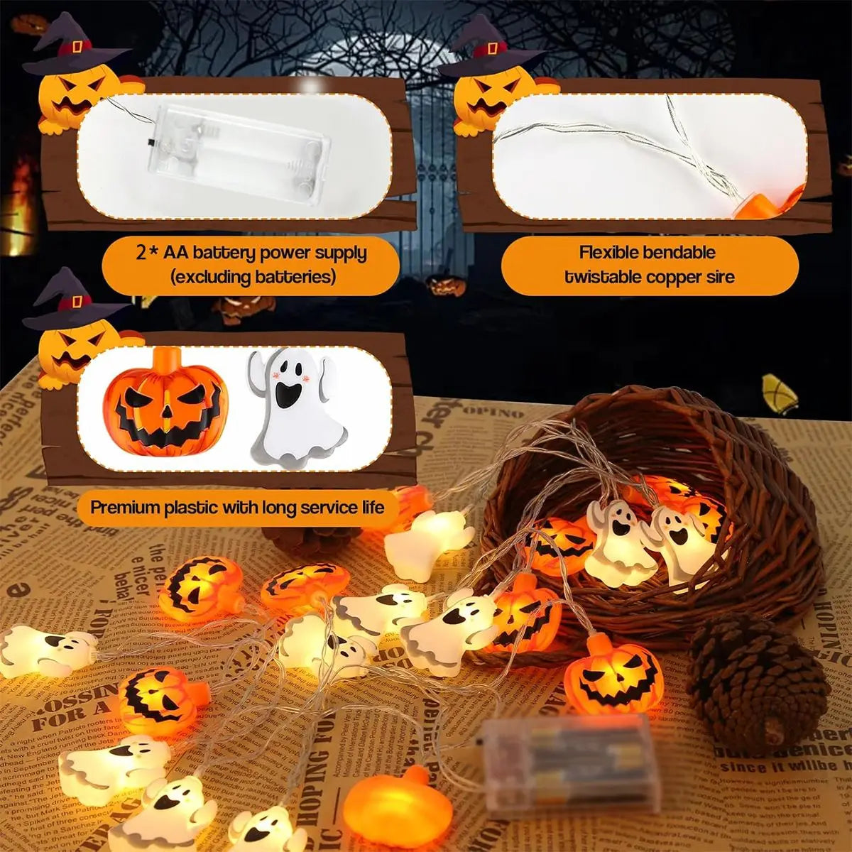 Battery Powered Halloween Pumpkin Ghost String Lights For Home Decor