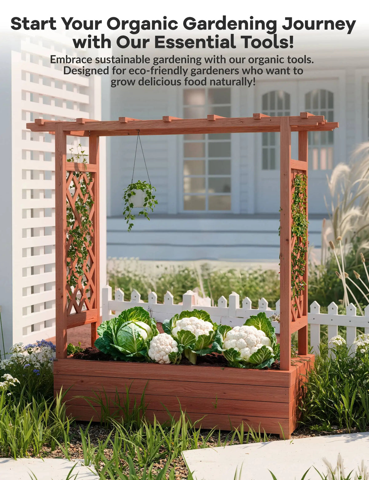 HiMISS Elevated Wooden Raised Garden Bed Trellis Planter
